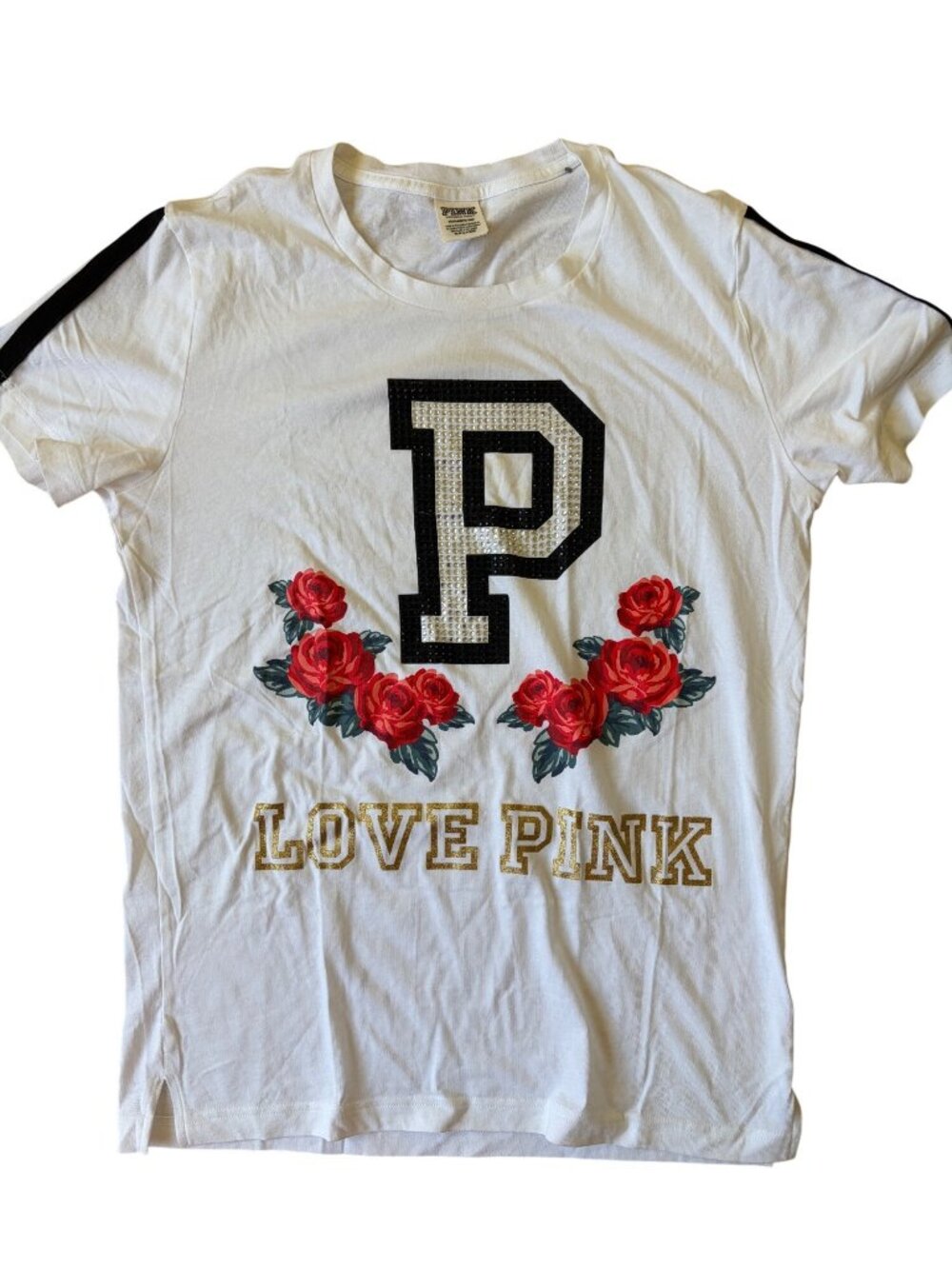 Victoria's Secret PINK Bling Floral Campus Tee XS  Glam Collegiate Loungewear
